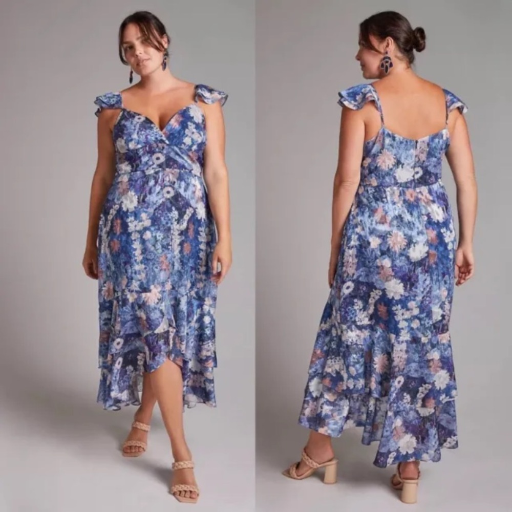 NWT Anthropologie Hutch Tiered Ruffled Midi Dress Blue Floral Watercolor